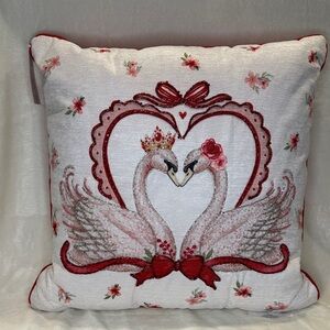 Elegant Swan Embroidered Pillow - White and Red